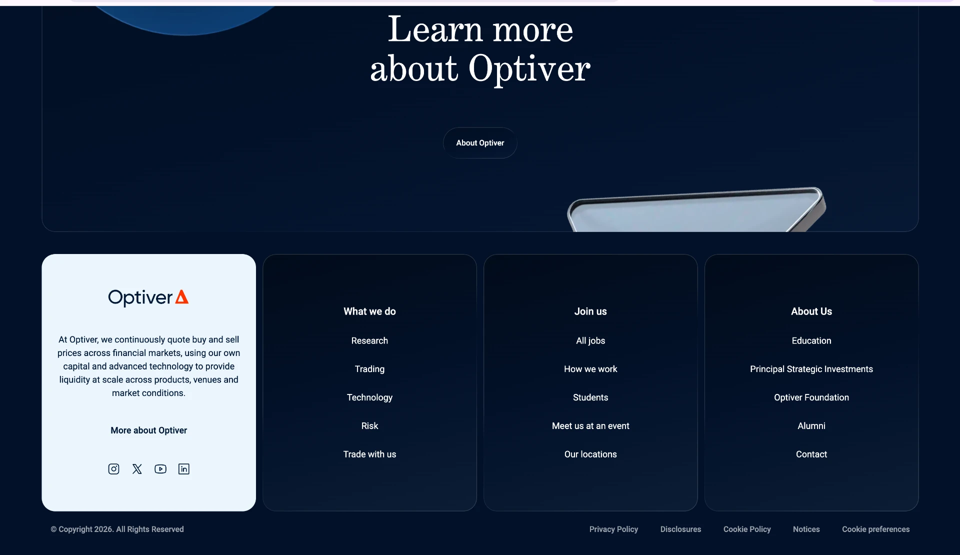 Optiver footer — What we do, Join us, About Us and legal links
